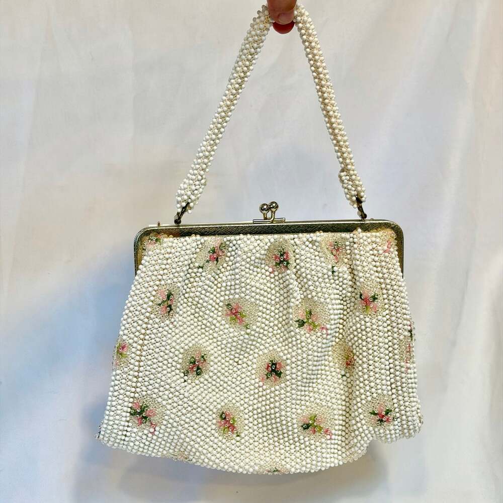 Vintage 1950s Lumured Corde Seed Bead Floral Kiss Lock Evening Bag Handbag Cream
